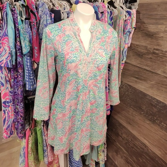 Lilly Pulitzer Beaded Pink Blue and Green Tunic with Mandarin Collar - Picture 1 of 9